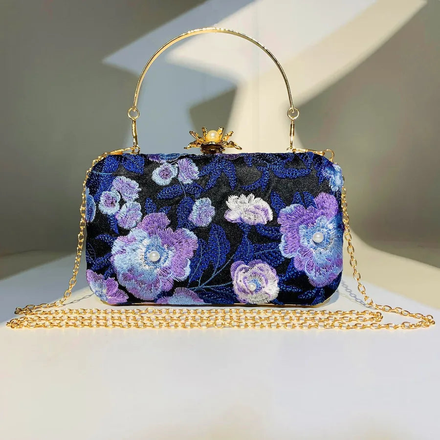 polyester flower embroidery square evening bags
