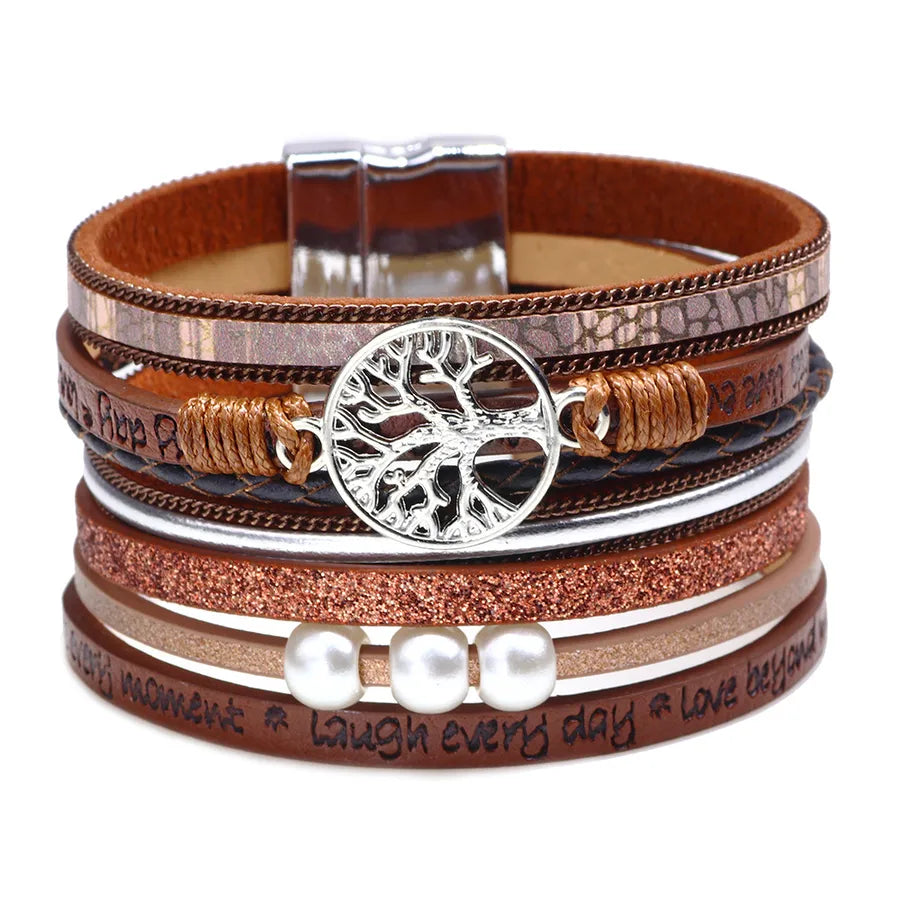 fashion hollow tree of life embossed letters pearl bracelet wholesale
