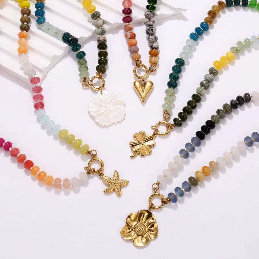 Elegant Geometric Heart Shape 304 Stainless Steel natural stone Beaded Chain Necklace In Bulk