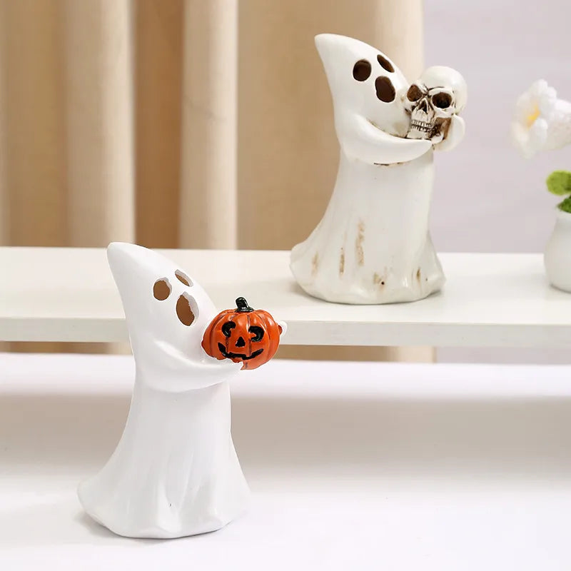 Halloween Window Display Decorations Resin Pumpkin Carving White Ghost Holding Skull Head Tabletop Ornaments European Style
