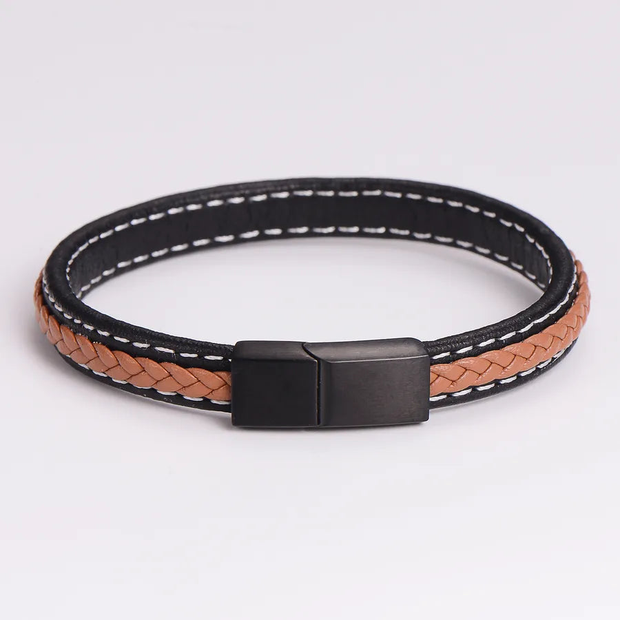Casual Hip-Hop Vintage Style Round 304 Stainless Steel Leather Men's Bangle