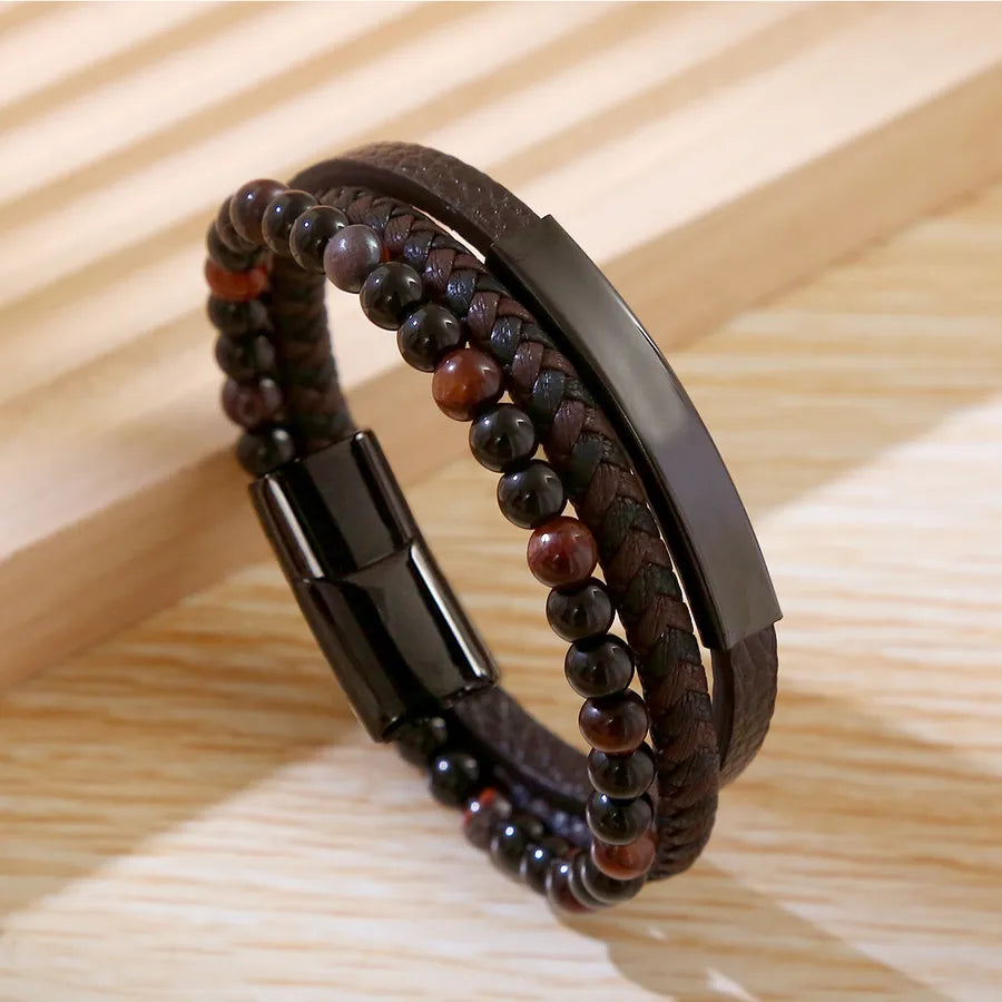 Business Argyle Stainless Steel Pu Leather natural stone Beaded Knitting Men's wristband