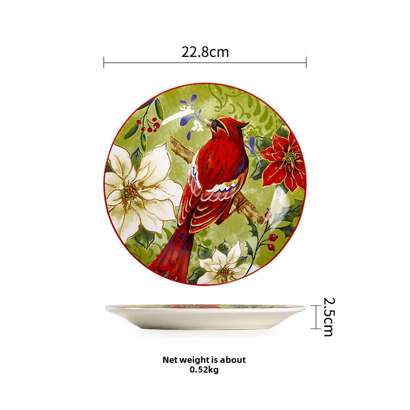 Style Plate Creative Christmas Red Bird Plate Hand-painted Flat Plate Distinctive Rectangular Tray Underglaze Color