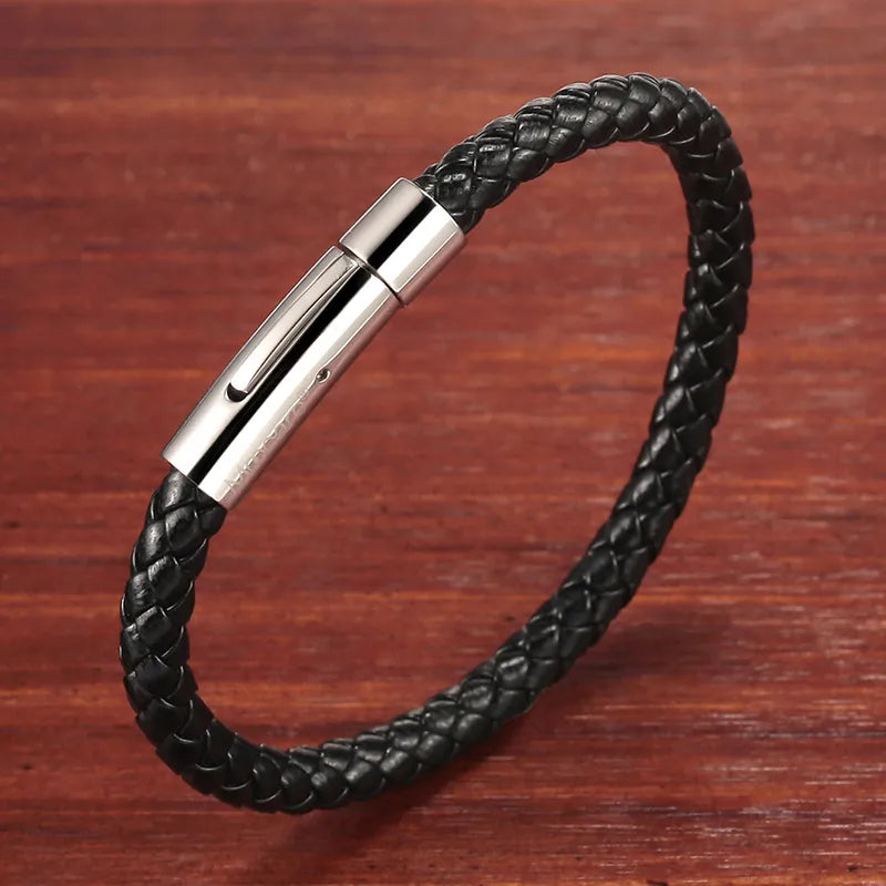 Hot  Fashion Woven Bracelet Magnetic Snap Buckle Leather Rope Bracelet Trendy Men Punk PU Leather Bracelet