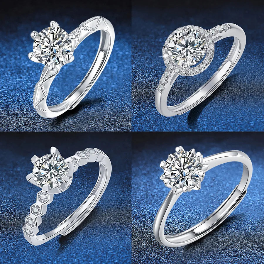 1.0ct Moissanite 925 Sterling Silver Rings GRA Certificate Round Brilliant Cut Geometric White Gold Plated Rings