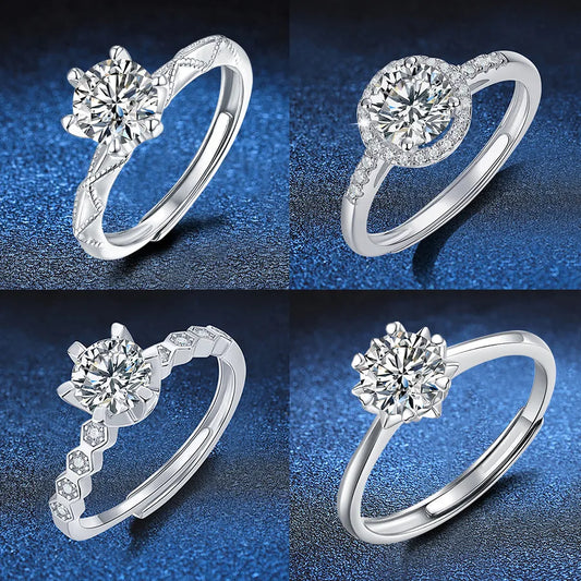 1.0ct Moissanite 925 Sterling Silver Rings GRA Certificate Round Brilliant Cut Geometric White Gold Plated Rings