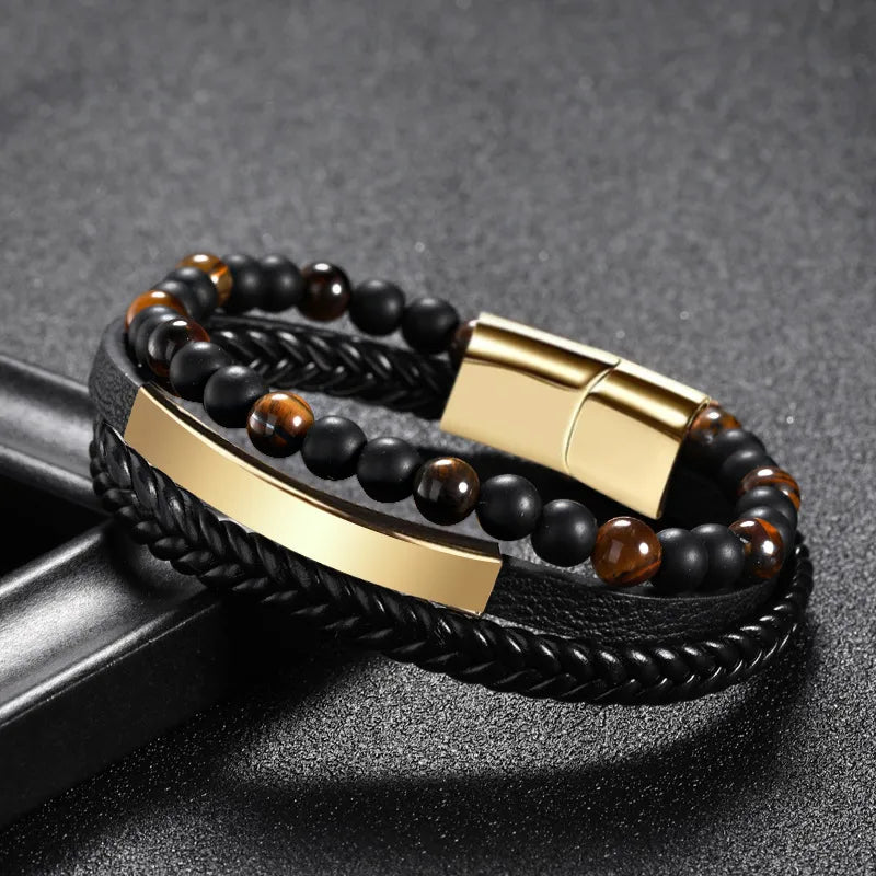 1 piece fashion round pu leather alloy beaded layered patchwork men's bracelets
