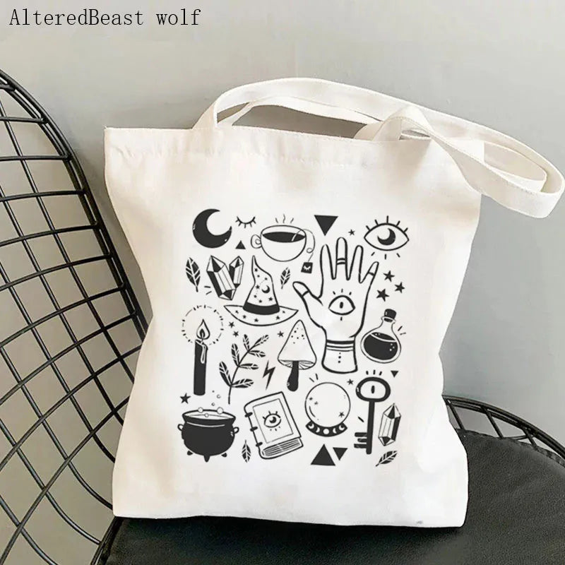 Magic Witch Pastel Gothic Handbag Printed Canvas Tote Single Shoulder Shopping Bag Ladies Fashion Handbag