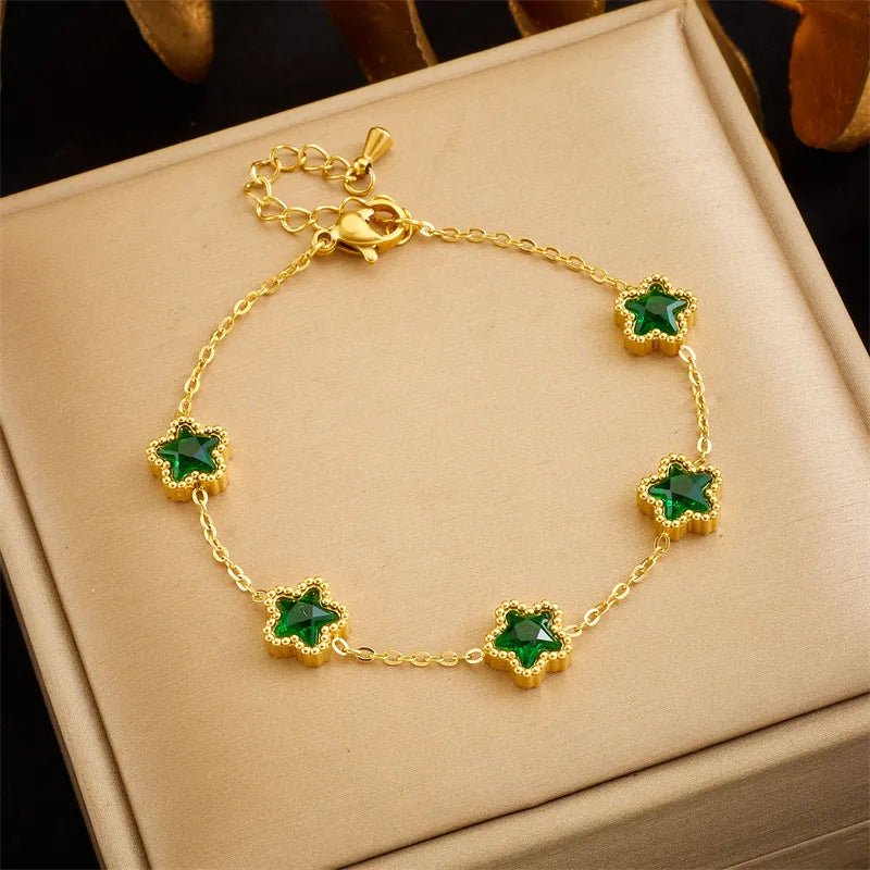 Retro Star 304 Stainless Steel 18K Gold Plated Glass Bracelets In Bulk