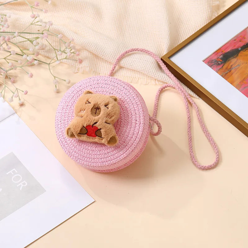 Summer Woven Bag  New Children's Cute Capibala Seaside Vacation Straw Woven Bag Crossbody Coin Purse