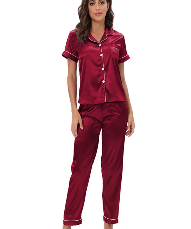 Middle East Europe Women's Home Clothes Two-Piece Set Color Silk Set Sleepwear Casual Luxury Summer Polyester Fabric