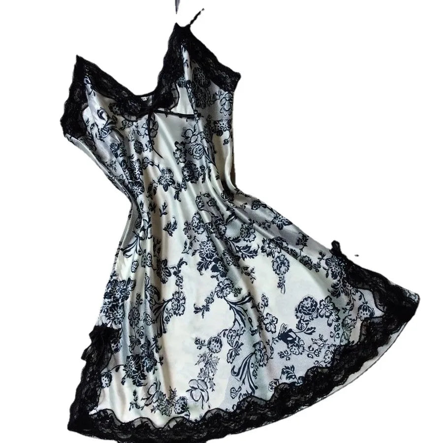 Summer silk-like Ladies sling nightgown sexy V-neck spinning satin pajamas home clothes wholesale agent