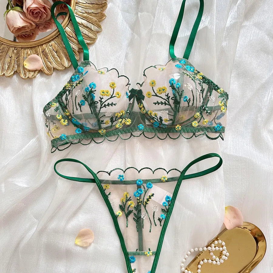 Women's Sexy Flower Sexy Lingerie Sets Home Honeymoon Sheer Bra Low Waist Thong See-Through Sexy Lingerie