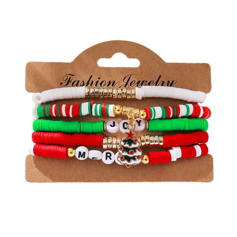 Handmade Christmas Letter Color Block Soft Clay Beaded Bracelet Festival Gift Women's Handmade Wristband Geometric Pattern