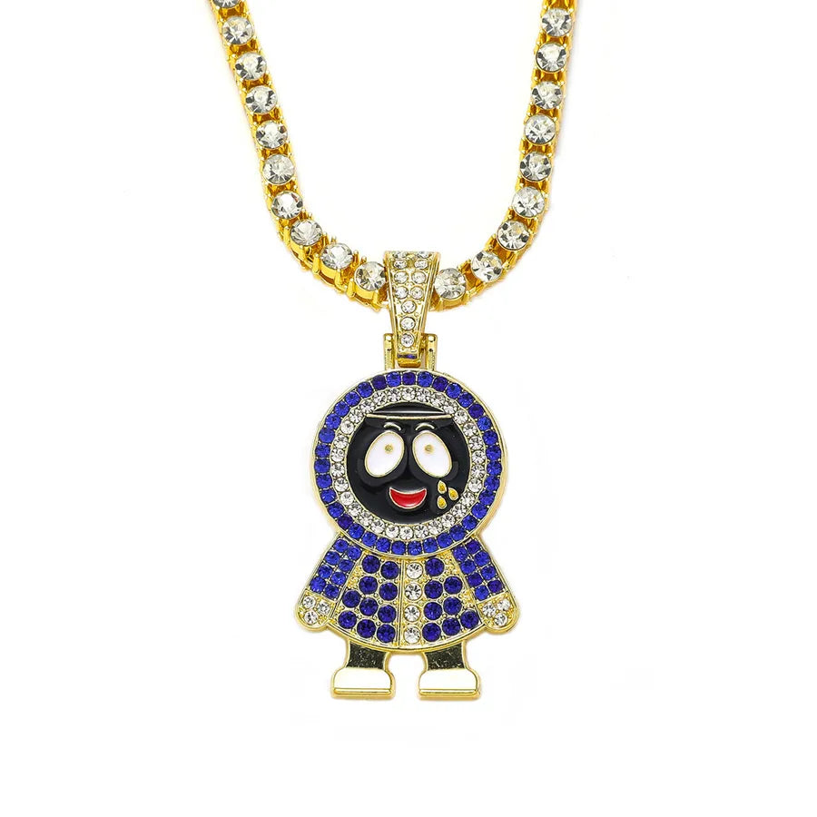 5mm Tennis Chain Tennis Chain   Blue Diamond Small Black Face Cartoon Full Diamond Hip Hop Necklace