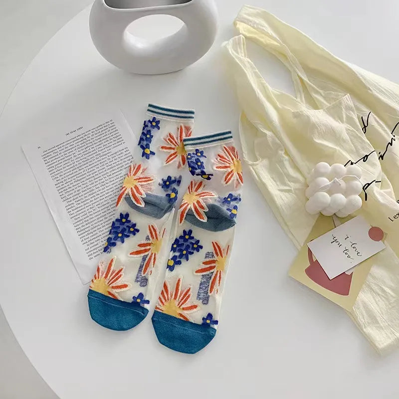 5 Pairs Per Pack Cute Modern Style Women's Flower Cotton Crystal wire Crew Socks