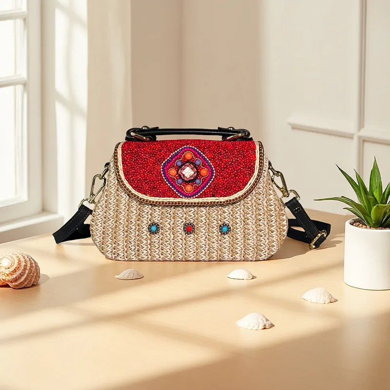 Bohemian Style Rice Bead Rattan Crossbody Bag, Lightweight, Can Hold Mobile Phone, Keys, Lipstick, Holiday Style Handbag