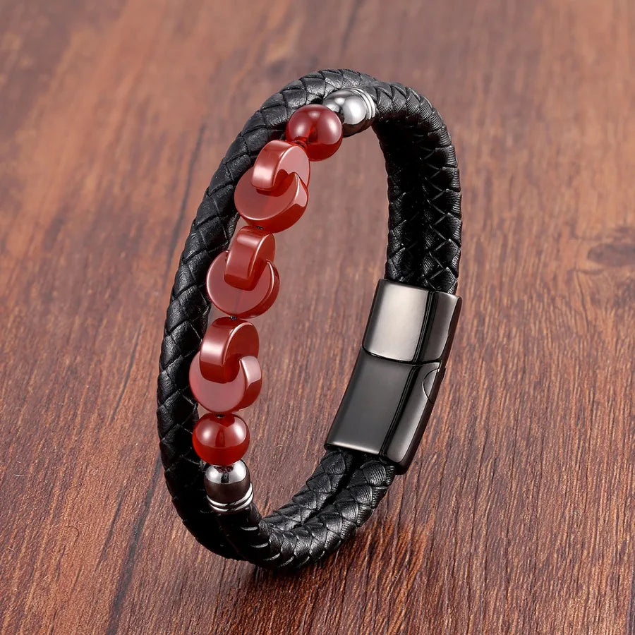 vintage style classic style round leather rope stone metal handmade metal button men's bracelets