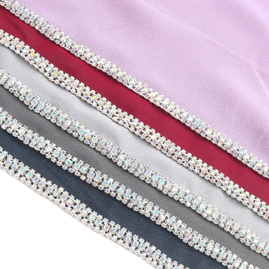 New Rhinestone Chain Long Side Scarf Hui Scarf Malay Middle East Headscarf Headscarf Chiffon Solid Color
