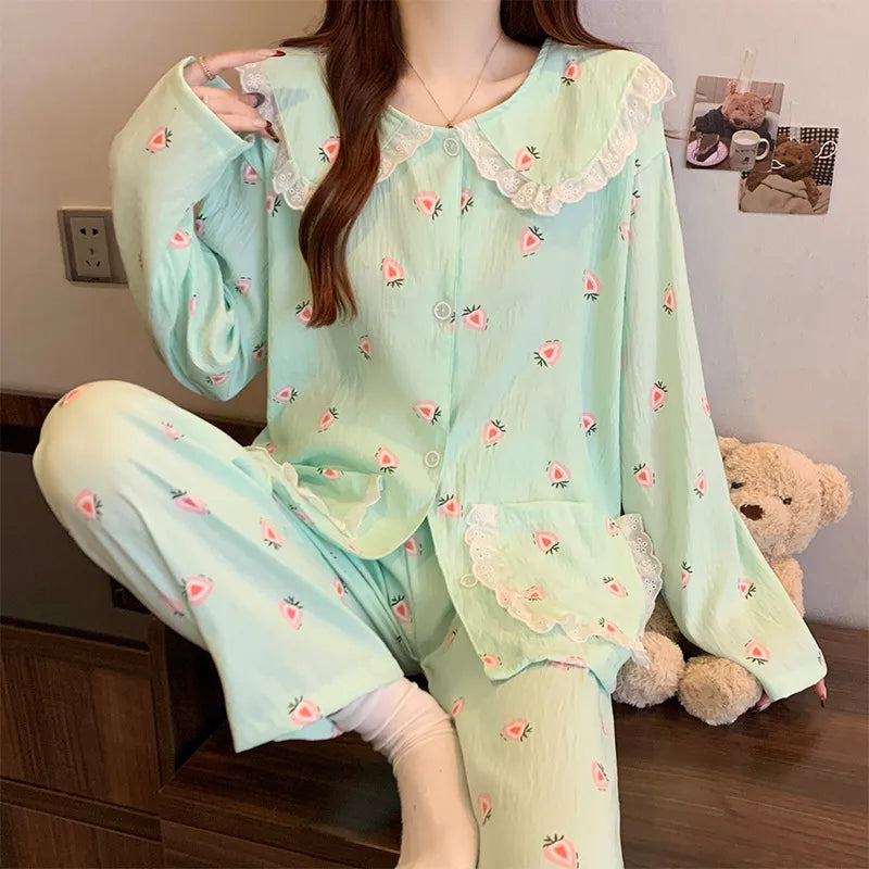 Sweet Cherry Cloud Cotton Long Sleeve Spring Home Clothes Set For Girls Comfortable Breathable Sleepwear Casual Style