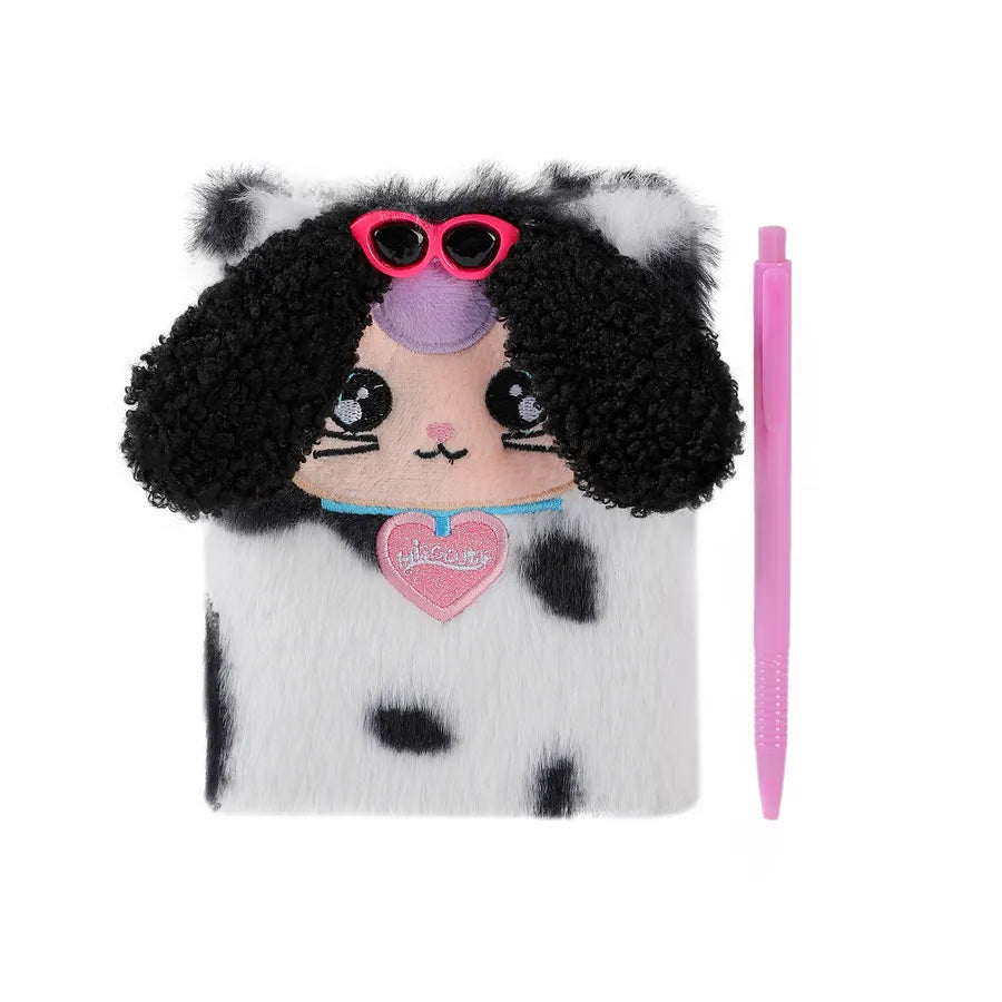 Cartoon Plush Cat Dog Notebook Set Of 2 With Pen Children's Cute Writing Notebook Gift Book Colorful Furry Leopard Pattern