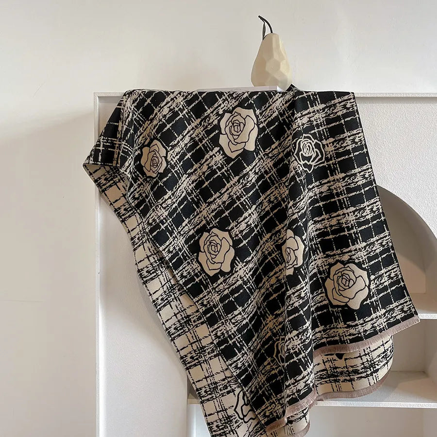 women's lady classic style plaid flower imitation cashmere scarf