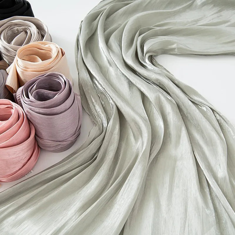 New Style Cool Breathable Bright Silk Chiffon Island Wrinkled Long Scarf Solid Color Simple Malay Indonesian Women's Bag Headscarf
