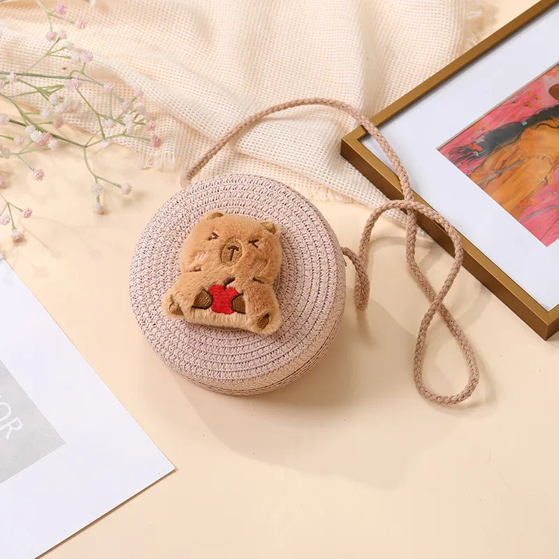 Summer Woven Bag  New Children's Cute Capibala Seaside Vacation Straw Woven Bag Crossbody Coin Purse