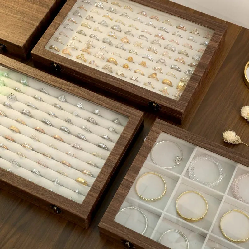 Retro Style Wooden Texture Leather Jewelry Box With Glass Lid Dustproof Storage For Rings Necklaces Bracelets Accessories Display