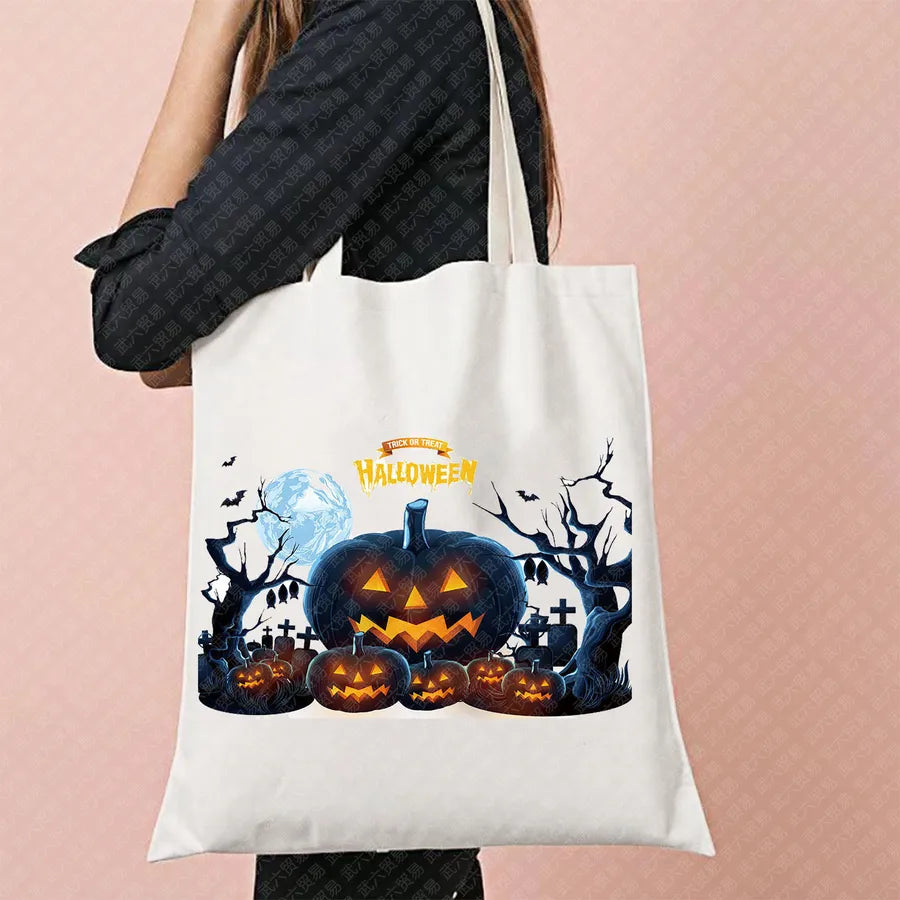 Scary Cat Halloween Pumpkin Pattern Canvas Tote Bag Reusable Shopping Bag Large Square Shape Double Shoulder Strap Tote Bag