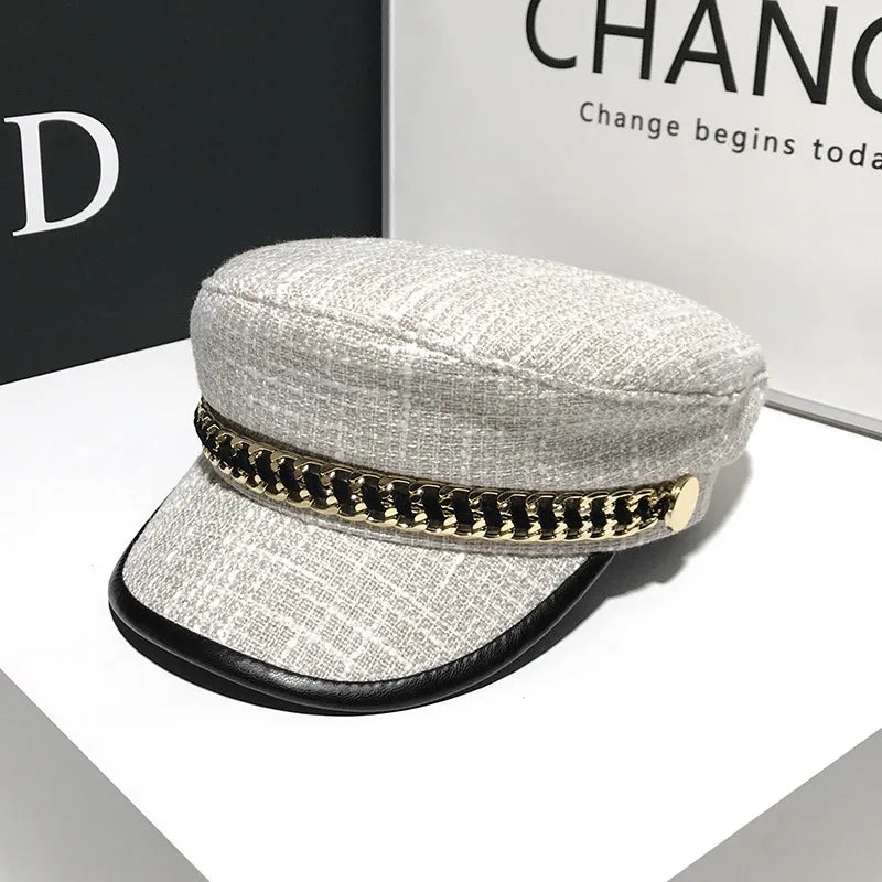 women's elegant business basic solid color chain curved eaves beret hat