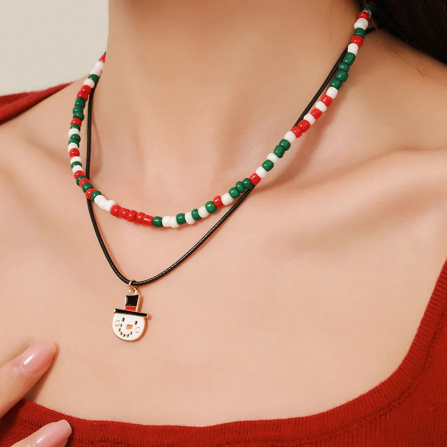 Christmas Themed Double Layered Necklace With Santa Claus Design Glass Beads Clavicle Chain Jewelry Accessory For Unisex Use