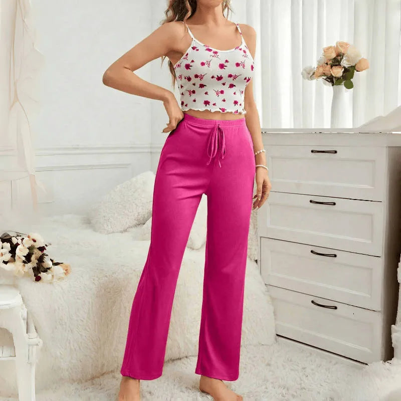 Ladies Casual Comfortable Floral Print Sleepwear Set Long Pants Outwear Suitable Home Hotel Bathing Outdoor Polyester Knitted Wear