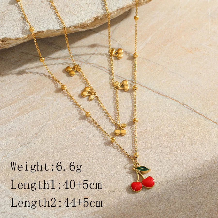 Wholesale Jewelry Casual Elegant Cute Cherry 304 Stainless Steel 18K Gold Plated Epoxy Plating cable chain Double Layer Necklaces Multi Charms Necklace