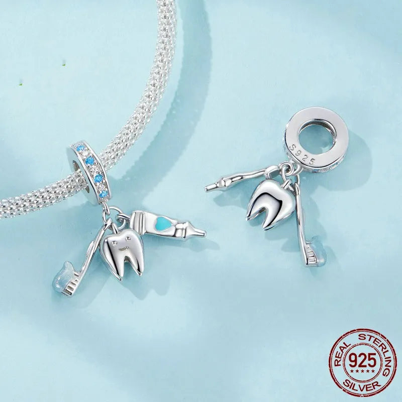 1 Piece 25 * 22mm Hole 4~4.9mm 925 Sterling Silver Zircon White Gold Plated Toothbrush Toothpaste Polished Pendant Jewelry Accessories