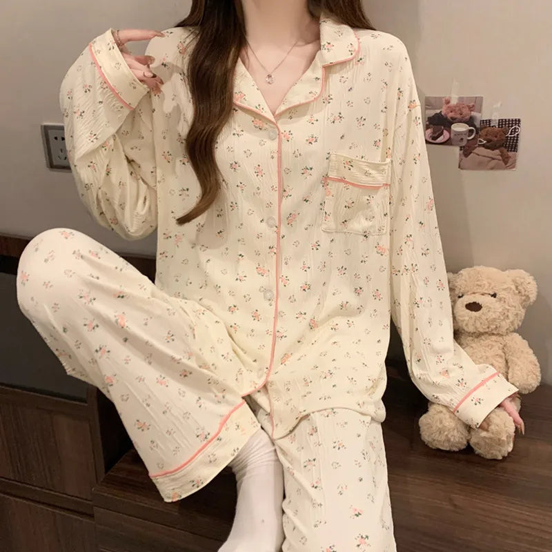 Spring Edition Pleated Fabric Sleepwear Long Sleeve Home Clothes Set For Women Sweet Cute Style Casual Breathable Polyester Milk Silk
