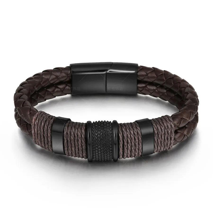 Vintage jewelry wholesale rope bracelet men's double stainless steel hand-woven multi-layer leather bracelet