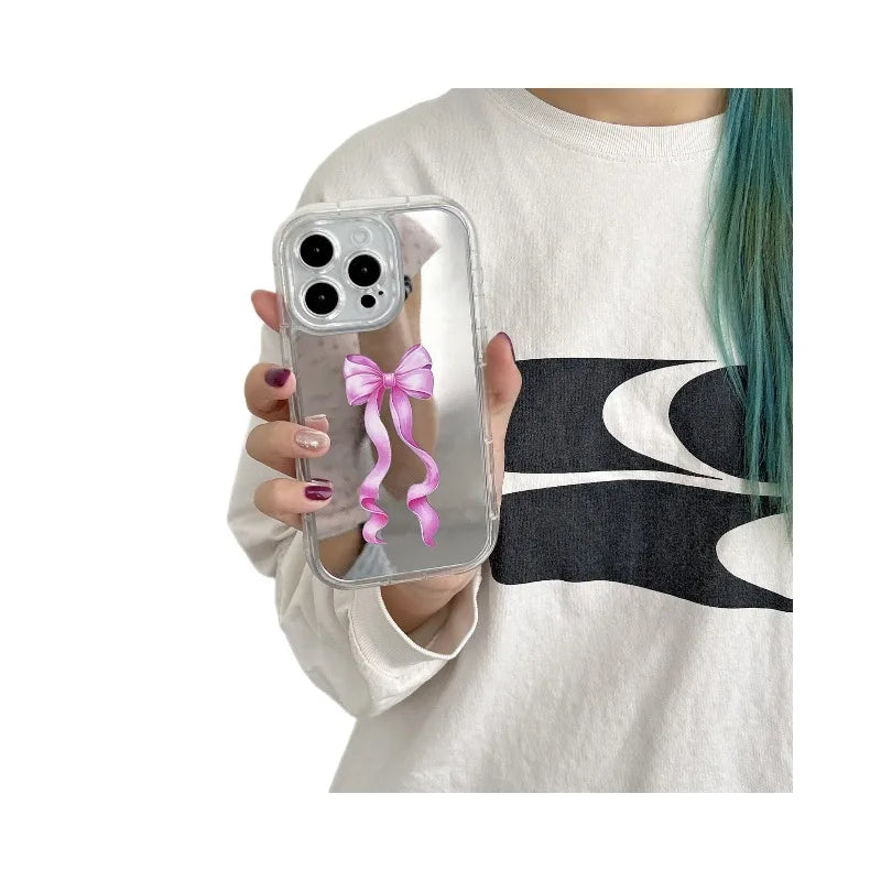 Delicate Mirror Apple Protective Case Pink Butterfly Bow Decorative Practical Makeup Mirror Precise Hole Location Sweet Girl Essential