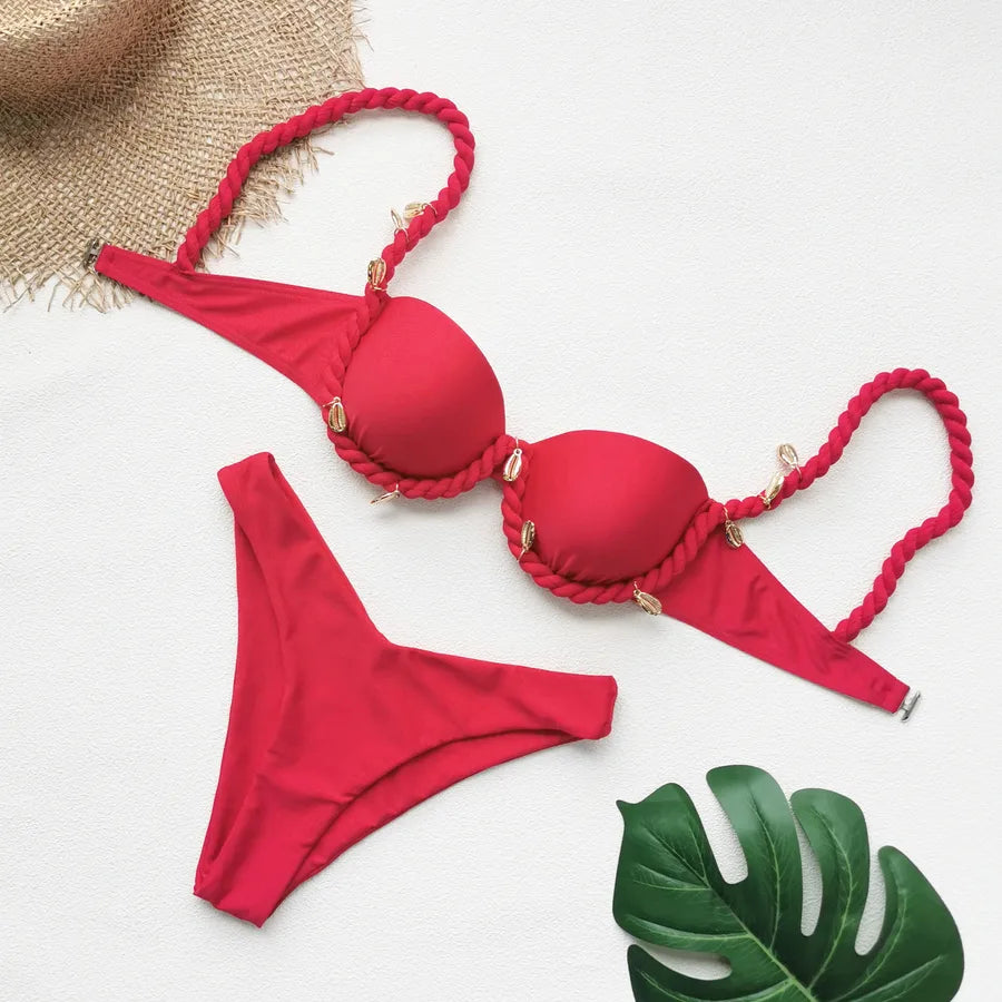 Low Waist Bikini Strap Braided Rope Women's Hard Bag Gathered Color Block Swimsuit Sexy Environmental Pure Color Swimming Suit