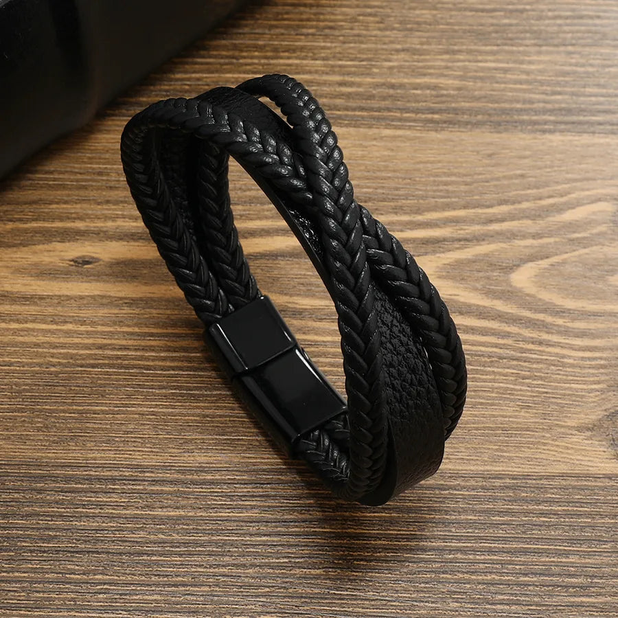 Punk Solid Color Pu Leather Braid Men's Bangle Men Cord & Leather Bracelets