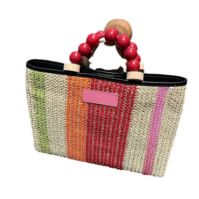 Women's Pu Leather Stripe Classic Style Beading Weave Square Magnetic Buckle Handbag