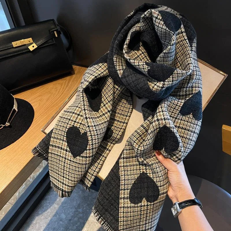 women's modern style korean style plaid heart shape imitation cashmere scarf