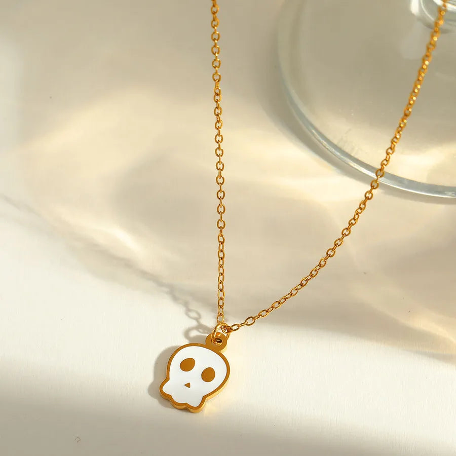 Gold Plated Stainless Steel Halloween Series Drop Oil Pumpkin Face Pendant Necklace Funny Skeleton Head Spider Design Jewelry