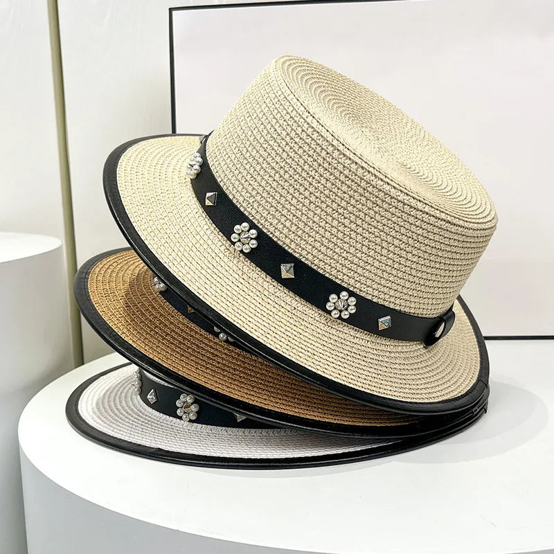 women's simple style flower flat eaves straw hat