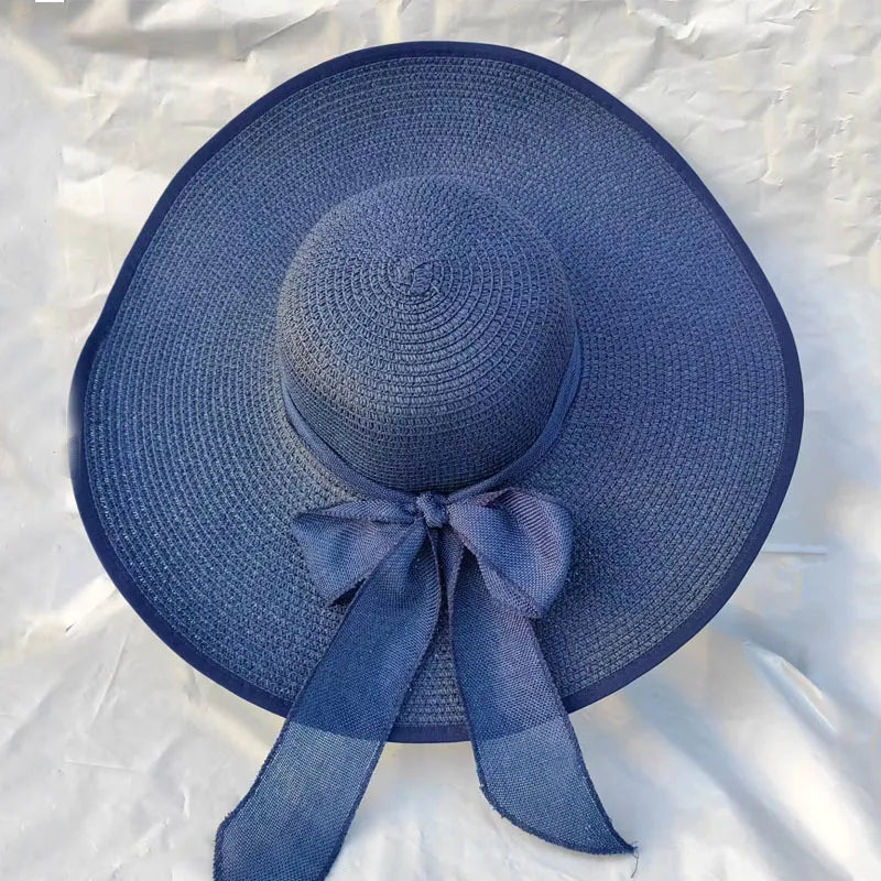women's basic solid color bowknot side of fungus straw hat