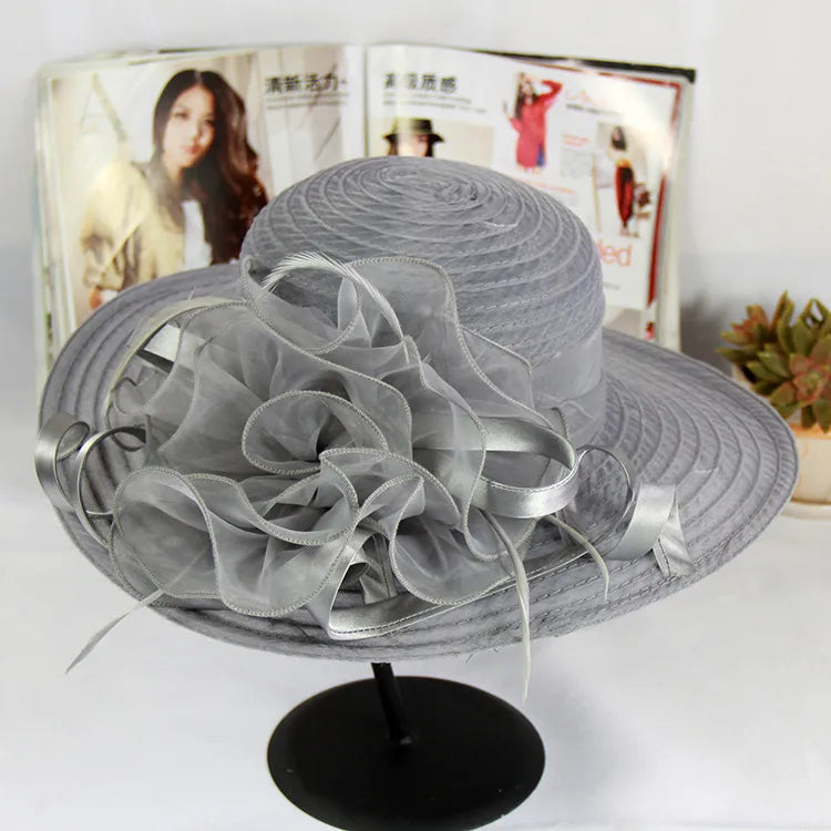 women's vacation solid color gauze flower wide eaves straw hat
