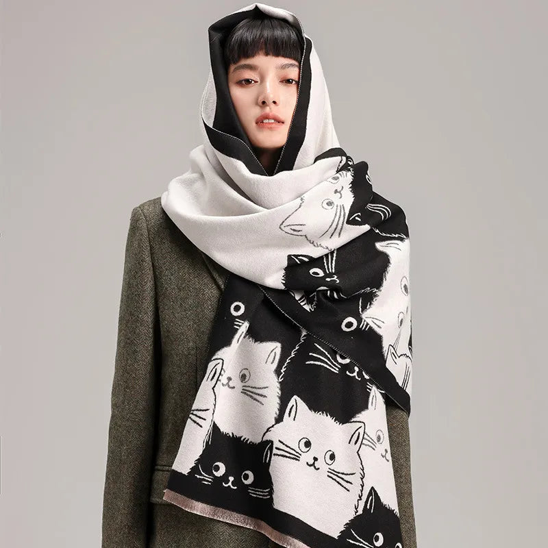 Women's Cute Streetwear Cartoon Cat Cotton Polyester Scarf
