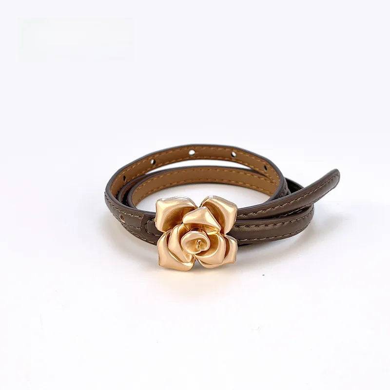 New Genuine Leather Women's Thin Belt Women's Flower Waist Slim Cowhide Women's Belt with Sweater Dress