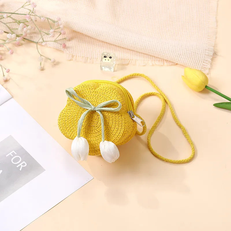 Summer Beach Seaside Tulip Straw Woven Bag  New Children Flower Straw Bag Mobile Phone Crossbody Bag