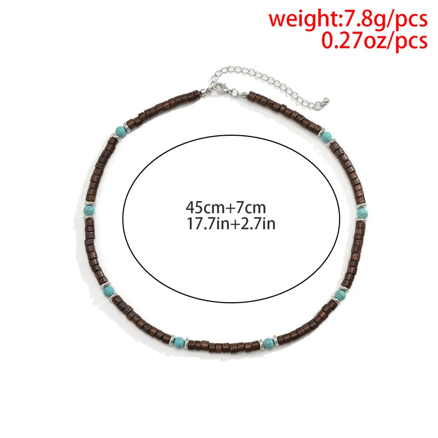 1 piece retro color block wood turquoise beaded men's necklace